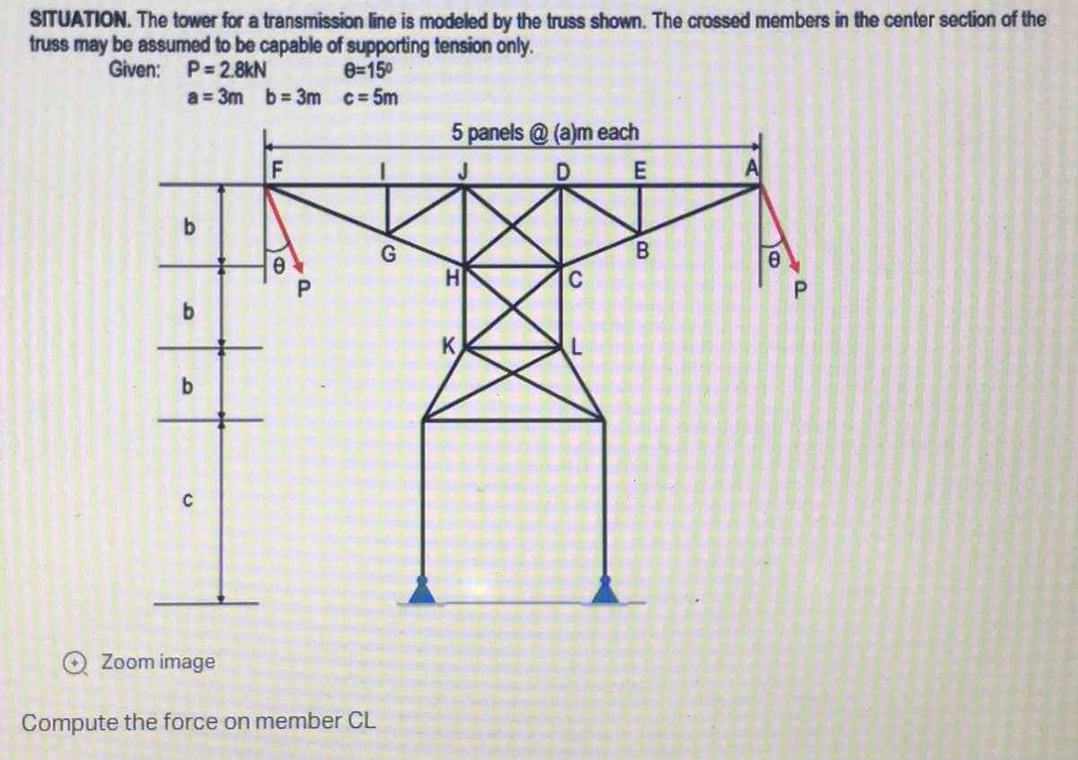SITUATION. The tower for a transmission line is modeled by the truss shown. The crossed members in the center section of the
truss may be assumed to be capable of supporting tension only.
Given:
P=2.8kN
0=15⁰
a=3m b=3m c= 5m
5 panels@(a)m each
F
E
b
G
B
b
b
C
a
Q Zoom image
Compute the force on member CL
P