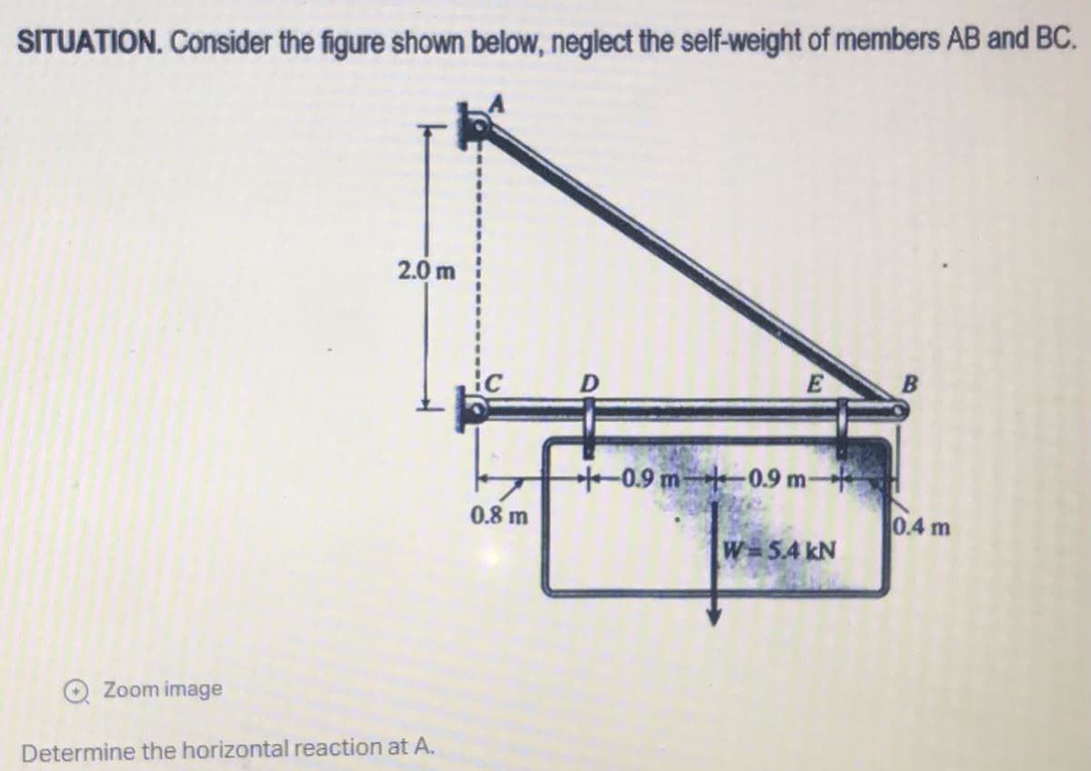 SITUATION. Consider the figure shown below, neglect the self-weight of members AB and BC.
2.0 m
E
B
+0.9 m 0.9 m-
0.4 m
W=5.4 kN
Zoom image
Determine the horizontal reaction at A.
0.8 m
