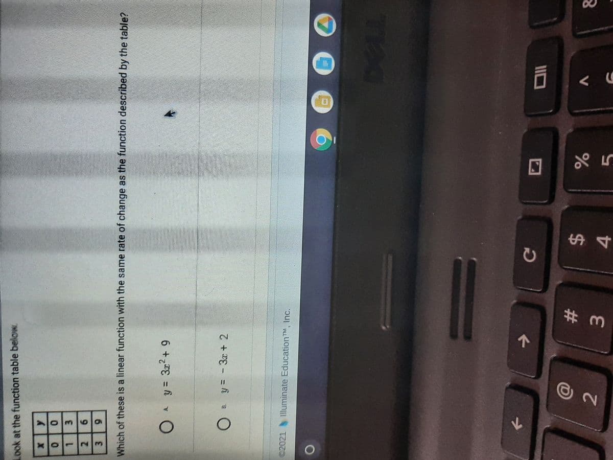 Om6a
4.
2.
V
24
%23
Illuminate EducationTM, Inc.
©2021
& y= - 3x + 2
%3D
O A y= 3+ 9
Which of these is a linear function with the same rate of change as the function described by the table?
3.
6.
2.
3.
1.
Look at the function table below.
