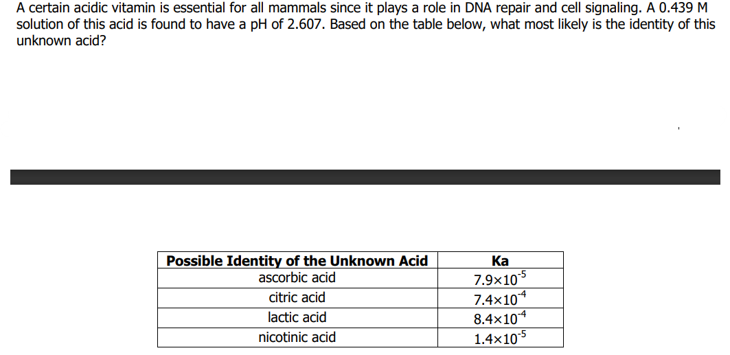 A certain acidic vitamin is essential for all mammals since it plays a role in DNA repair and cell signaling. A 0.439 M
solution of this acid is found to have a pH of 2.607. Based on the table below, what most likely is the identity of this
unknown acid?
Possible Identity of the Unknown Acid
ascorbic acid
Ка
7.9x105
7.4x104
8.4×104
1.4x105
citric acid
lactic acid
nicotinic acid
