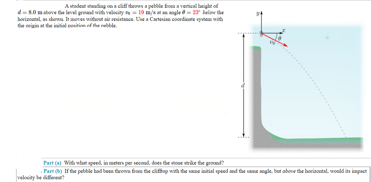 A student standing on a cliff throws a pebble from a vertical height of
d = 8.0 m above the level ground with velocity vo = 19 m/s at an angle = 23° below the
horizontal, as shown. It moves without air resistance. Use a Cartesian coordinate system with
the origin at the initial position of the nebble.
VO
Part (a) With what speed, in meters per second, does the stone strike the ground?
Part (b) If the pebble had been thrown from the clifftop with the same initial speed and the same angle, but above the horizontal, would its impact
velocity be different?