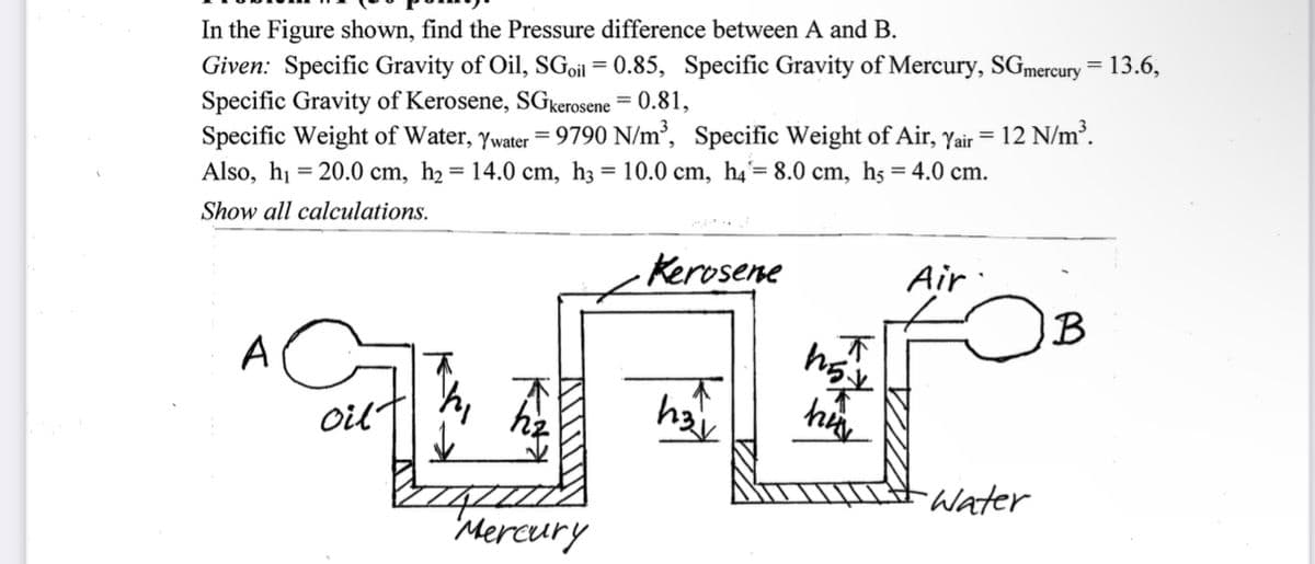 In the Figure shown, find the Pressure difference between A and B.
Given: Specific Gravity of Oil, SGoil = 0.85, Specific Gravity of Mercury, SGmercury = 13.6,
Specific Gravity of Kerosene, SGkerosene = 0.81,
Specific Weight of Water, Ywater= 9790 N/m², Specific Weight of Air, yair =
Also, hi = 20.0 cm, h2 = 14.0 cm, h3 = 10.0 cm, h4= 8.0 cm, h5 = 4.0 cm.
12 N/m³.
Show all calculations.
Kerosene
Air
IB
A
oil
hay
hi
Water
Mercury
