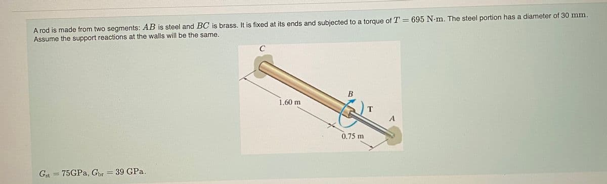 A rod is made from two segments: AB is steel and BC is brass. It is fixed at its ends and subjected to a torque of T = 695 N-m. The steel portion has a diameter of 30 mm.
Assume the support reactions at the walls will be the same.
В
1.60 m
0.75 m
Gst = 75GPA, Gpr = 39 GPa.
