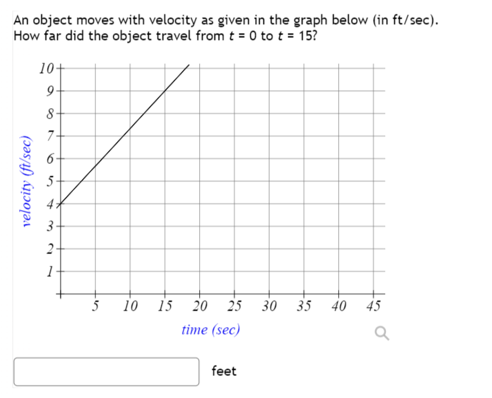 An object moves with velocity as given in the graph below (in ft/sec).
How far did the object travel from t = 0 to t = 15?
10-
9
8.
velocity (ft/sec)
6
54
3
2
1
Si
5
10 15
20 25 30 35
40
45
time (sec)
feet
