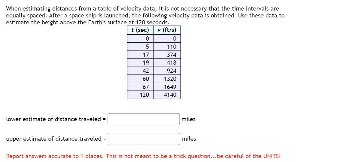 When estimating distances from a table of velocity data, it is not necessary that the time intervals are
equally spaced. After a space ship is launched, the following velocity data is obtained. Use these data to
estimate the height above the Earth's surface at 120 seconds.
t (sec) v (ft/s)
lower estimate of distance traveled =
upper estimate of distance traveled =
0
0
5
110
17
374
19
418
42
924
60
1320
67
1649
120
4140
miles
miles
Report answers accurate to 1 places. This is not meant to be a trick question...be careful of the UNITS!