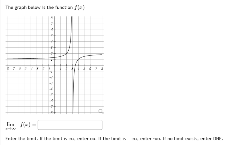 The graph below is the function f(x)
lim_ f(x) =
14X
8
7
6
5
4
f-1
-2
-3
-4
-6
Enter the limit. If the limit is ∞, enter oo. If the limit is -, enter -oo. If no limit exists, enter DNE.