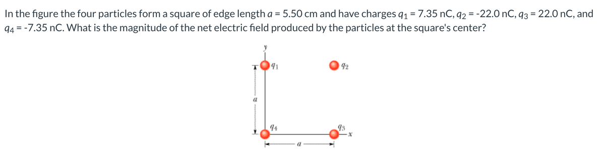 In the figure the four particles form a square of edge length a = 5.50 cm and have charges q₁ = 7.35 nC, q2 = -22.0 nC, q3 = 22.0 nC, and
94 = -7.35 nC. What is the magnitude of the net electric field produced by the particles at the square's center?
a
191
92
93
X