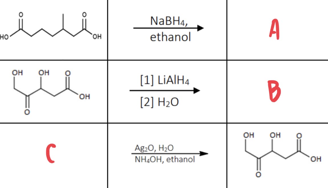 NaBH4,
ethanol
A
но-
он
OH
OH
[1] LİAIH4
HO,
[2] H2O
OH
OH
Ag20, H2O
NHẠOH, ethanol
HO,
