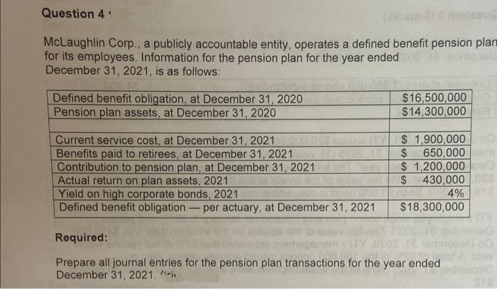 Question 4*
McLaughlin Corp., a publicly accountable entity, operates a defined benefit pension plan
for its employees. Information for the pension plan for the year ended
December 31, 2021, is as follows:
Defined benefit obligation, at December 31, 2020
Pension plan assets, at December 31, 2020
$16,500,000 CO
$14,300,000 A
Current service cost, at December 31, 2021
$1,900,0000
$ 650,000
Benefits paid to retirees, at December 31, 2021
Contribution to pension plan, at December 31, 2021
Actual return on plan assets, 2021
$ 1,200,000
$ 430,000 0
Yield on high corporate bonds, 2021
now.
4%
Defined benefit obligation - per actuary, at December 31, 2021
$18,300,000
Required:
OS TE
Prepare all journal entries for the pension plan transactions for the year ended
December 31, 2021.
ra