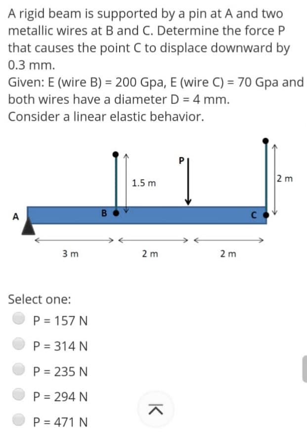 A rigid beam is supported by a pin at A and two
metallic wires at B and C. Determine the force P
that causes the point C to displace downward by
0.3 mm.
Given: E (wire B) = 200 Gpa, E (wire C) = 70 Gpa and
both wires have a diameter D = 4 mm.
Consider a linear elastic behavior.
2 m
1.5 m
A
B
3 m
2 m
2 m
Select one:
P = 157 N
P = 314 N
P = 235 N
P = 294 N
P = 471 N
K
