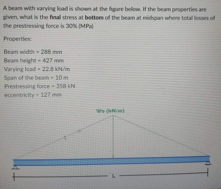 A beam with varying load is shown at the figure below. If the beam properties are
given, what is the final stress at bottom of the beam at midspan where total losses of
the prestressing force is 30% (MPa)
Properties:
Beam width = 288 mm
Beam height = 427 mm
Varying load = 22.8 kN/m
Span of the beam
Prestressing force 358 kN
!3!
10 m
eccentricity = 127 mm
Wo (hN/m)
L
