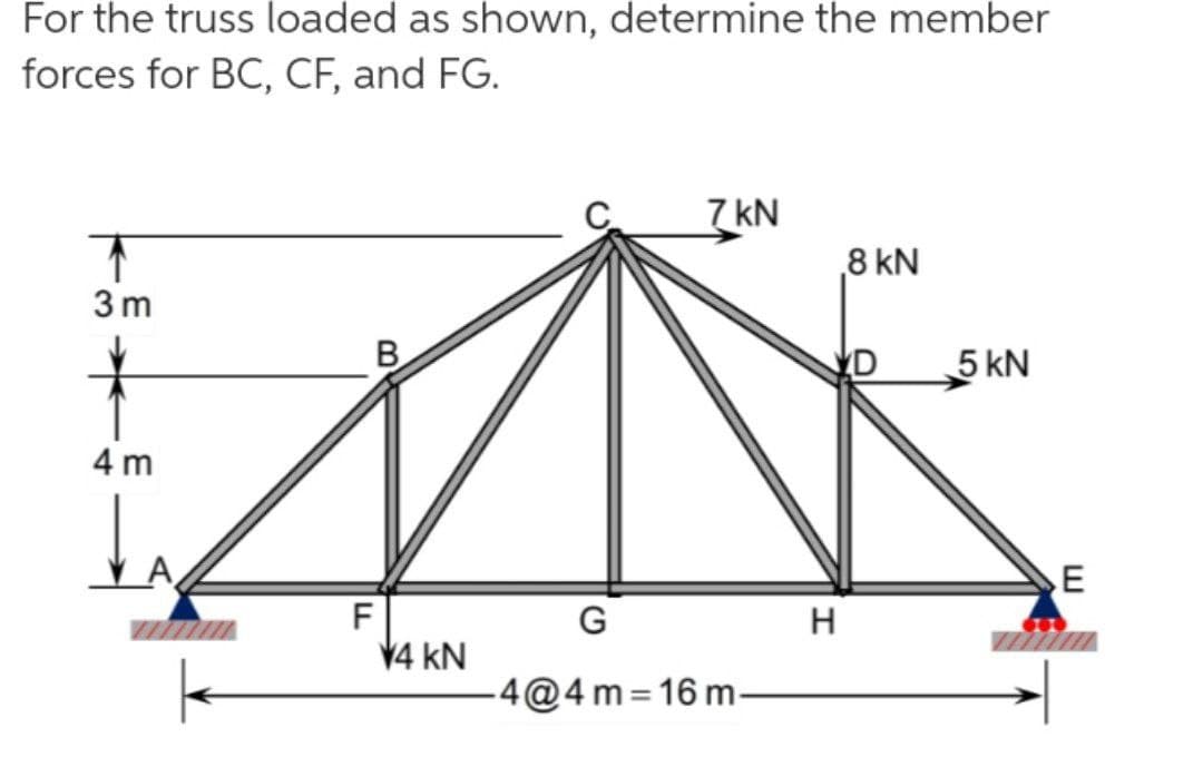 For the truss loaded as shown, determine the member
forces for BC, CF, and FG.
7 kN
8 kN
3 m
D
5 kN
4 m
H
V4 kN
-4@4m=16 m-
%3D
