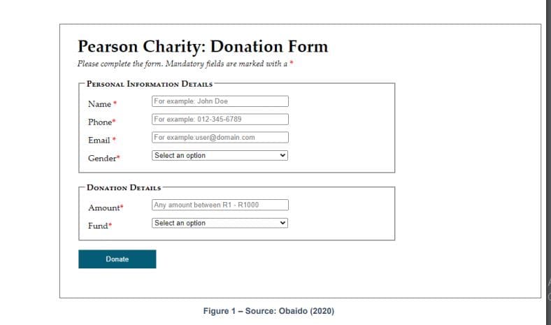 Pearson Charity: Donation Form
Please complete the form. Mandatory fields are marked with a*
-PERSONAL INFORMATION DETAILS
Name*
For example: John Doe
Phone*
For example: 012-345-6789
Email *
For example:user@domain.com
Gender"
Select an option
DONATION DETAILS
Amount
Any amount between R1 - R1000
Fund
Select an option
Donate
Figure 1- Source: Obaido (2020)
