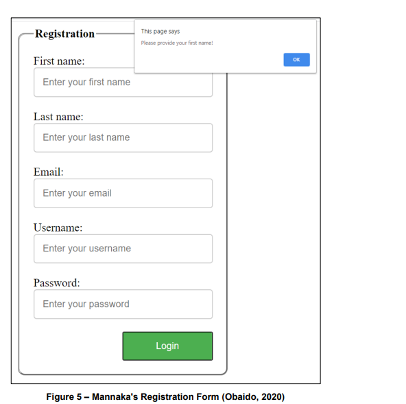 This page says
-Registration-
Please provide your first name!
First name:
OK
Enter your first name
Last name:
Enter your last name
Email:
Enter your email
Username:
Enter your username
Password:
Enter your password
Login
Figure 5 - Mannaka's Registration Form (Obaido, 2020)
