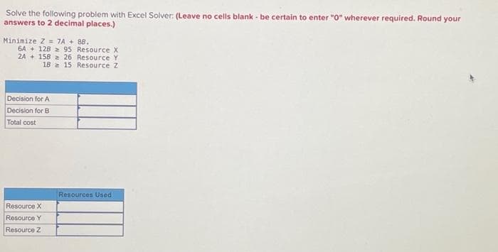 Solve the following problem with Excel Solver: (Leave no cells blank - be certain to enter "0" wherever required. Round your
answers to 2 decimal places.)
Minimize Z= 7A + 88.
6A 128 95 Resource X
2A+ 158 26 Resource Y
18 15 Resource Z
Decision for A
Decision for B
Total cost
Resource X
Resource Y
Resource Z
Resources Used
