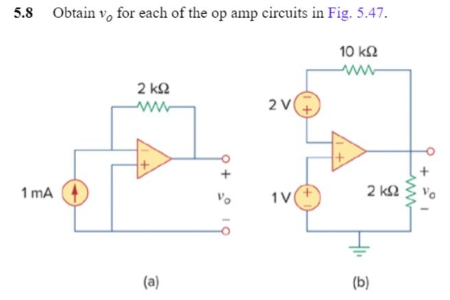 5.8 Obtain vo for each of the op amp circuits in Fig. 5.47.
1 mA
(a)
10 ΚΩ
www
2 ΚΩ
www
2 V
+
2 ΚΩ
Vo
1V
(b)
www