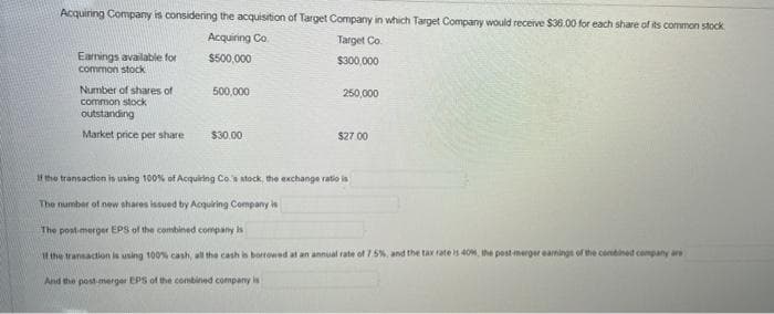Acquiring Company is considering the acquisition of Target Company in which Target Company would receive $36.00 for each share of its common stock
Acquiring Co.
Target Co.
$500,000
$300,000
Earnings available for
common stock
Number of shares of
common stock
outstanding
Market price per share
500,000
$30.00
250,000
$27.00
If the transaction is using 100% of Acquiring Co.'s stock, the exchange ratio is
The number of new shares issued by Acquiring Company is
The post-merger EPS of the combined company is
If the transa is using 100% cas all the cash is borrowed at an annual rate of 7.5%, and the tax rate is 40%, the post-merger earnings of the combined company are
And the post-merger EPS of the combined company is