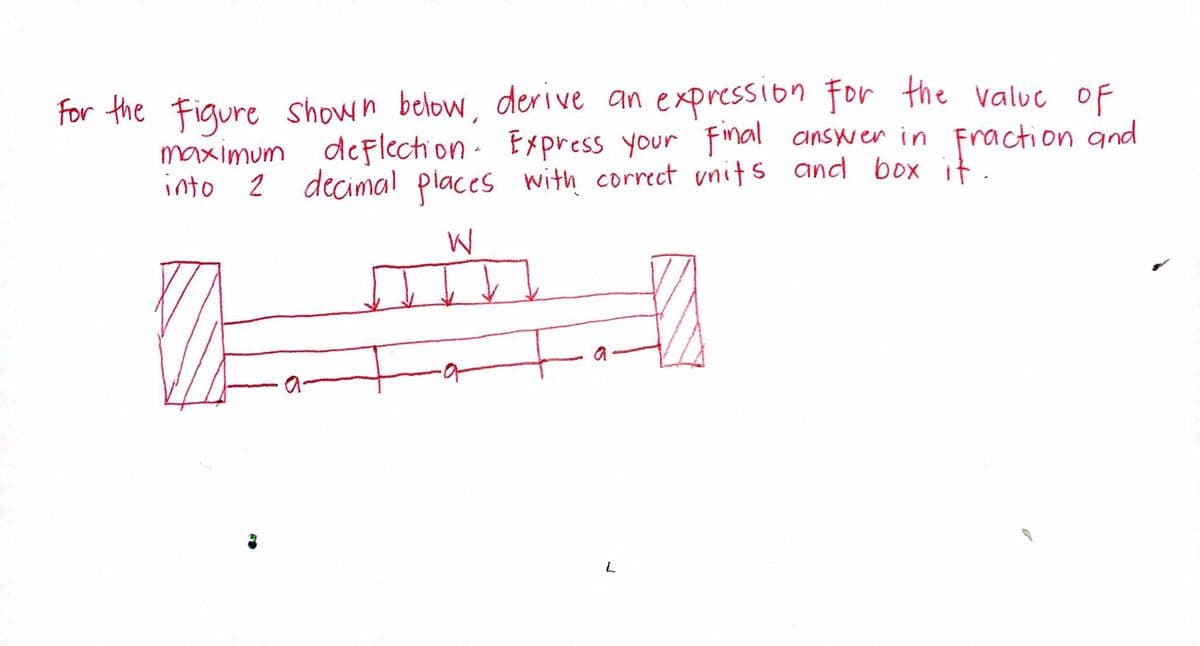 For the Figure shown below, derive an expression for the value of
deflection Express your final answer in Fraction and
2 decimal places with correct units and box it.
maximum
into
W
L