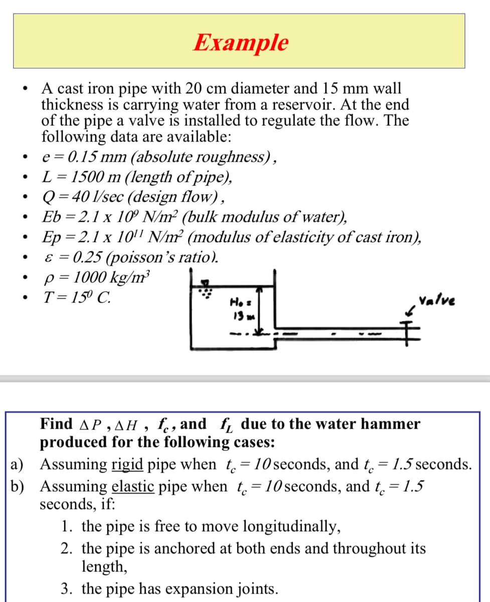 e = 0.15 mm (absolute roughness),
L = 1500 m (length of pipe),
Q=40 1/sec (design flow),
Eb=2.1 x 10° N/m² (bulk modulus of water),
Ep=2.1 x 10¹¹ N/m² (modulus of elasticity of cast iron),
ε = 0.25 (poisson's ratio).
p = 1000 kg/m³
• T = 15° C.
●
Example
A cast iron pipe with 20 cm diameter and 15 mm wall
thickness is carrying water from a reservoir. At the end
of the pipe a valve is installed to regulate the flow. The
following data are available:
a)
b)
Ho =
Valve
Find AP, AH, f, and f, due to the water hammer
produced for the following cases:
Assuming rigid pipe when_tö = 10 seconds, and to = 1.5 seconds.
Assuming elastic pipe when t = 10 seconds, and to = 1.5
seconds, if:
1. the pipe is free to move longitudinally,
2. the pipe is anchored at both ends and throughout its
length,
3. the pipe has expansion joints.