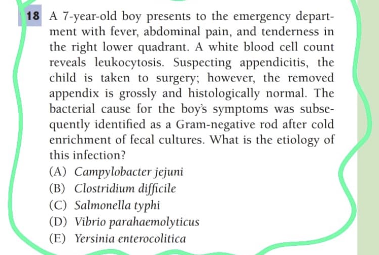 18 A 7-year-old boy presents to the emergency depart-
ment with fever, abdominal pain, and tenderness in
the right lower quadrant. A white blood cell count
reveals leukocytosis. Suspecting appendicitis, the
child is taken to surgery; however, the removed
appendix is grossly and histologically normal. The
bacterial cause for the boy's symptoms was subse-
quently identified as a Gram-negative rod after cold
enrichment of fecal cultures. What is the etiology of
this infection?
(A) Campylobacter jejuni
(B) Clostridium difficile
(C) Salmonella typhi
(D) Vibrio parahaemolyticus
(E) Yersinia enterocolitica
