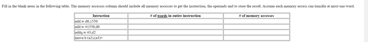 Fill in the blank areas in the following table. The memory accesses column should include all memory accesses to get the instruction, the operands and to store the result. Assume each memory access can transfer at most one word.
Intruction
add.w d0,1550
add.w #1550,do
addq.w #3,d2
move.b (a2),(a3)+
# of words in entire instruction
# of memory accesses