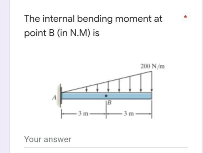 The internal bending moment at
*
point B (in N.M) is
200 N/m
A
|B
3 m-
3 m
Your answer
