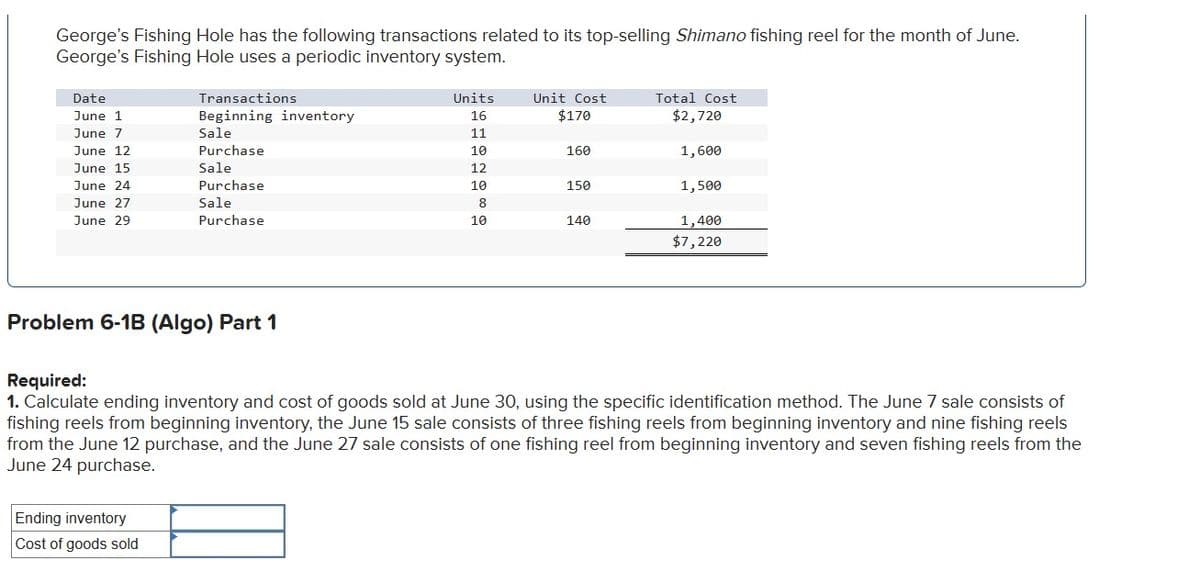 George's Fishing Hole has the following transactions related to its top-selling Shimano fishing reel for the month of June.
George's Fishing Hole uses a periodic inventory system.
Date
June 1
June 7
June 12
Transactions
Beginning inventory
Sale
Purchase
June 15
Sale
June 24
Purchase
June 27
Sale
June 29
Purchase
Units
16
Unit Cost
Total Cost
$170
$2,720
11
10
160
1,600
12
10
150
1,500
8
10
140
1,400
$7,220
Problem 6-1B (Algo) Part 1
Required:
1. Calculate ending inventory and cost of goods sold at June 30, using the specific identification method. The June 7 sale consists of
fishing reels from beginning inventory, the June 15 sale consists of three fishing reels from beginning inventory and nine fishing reels
from the June 12 purchase, and the June 27 sale consists of one fishing reel from beginning inventory and seven fishing reels from the
June 24 purchase.
Ending inventory
Cost of goods sold