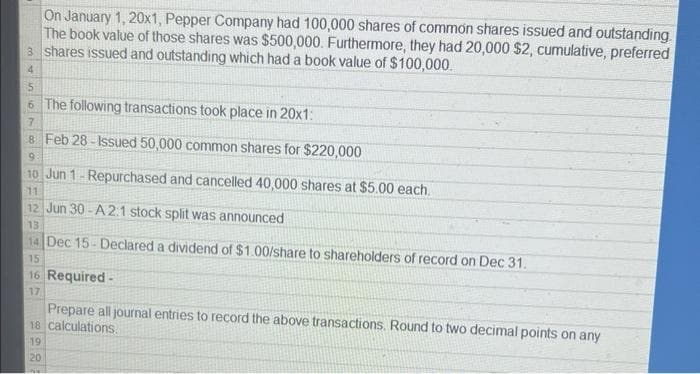 On January 1, 20x1, Pepper Company had 100,000 shares of common shares issued and outstanding.
The book value of those shares was $500,000. Furthermore, they had 20,000 $2, cumulative, preferred
3 shares issued and outstanding which had a book value of $100,000.
4
5
6 The following transactions took place in 20x1:
7
8 Feb 28-Issued 50,000 common shares for $220,000
9
10 Jun 1-Repurchased and cancelled 40,000 shares at $5.00 each.
11
12 Jun 30-A2:1 stock split was announced
13
14 Dec 15-Declared a dividend of $1.00/share to shareholders of record on Dec 31.
15
16 Required-
17
Prepare all journal entries to record the above transactions. Round to two decimal points on any
18 calculations.
19
20