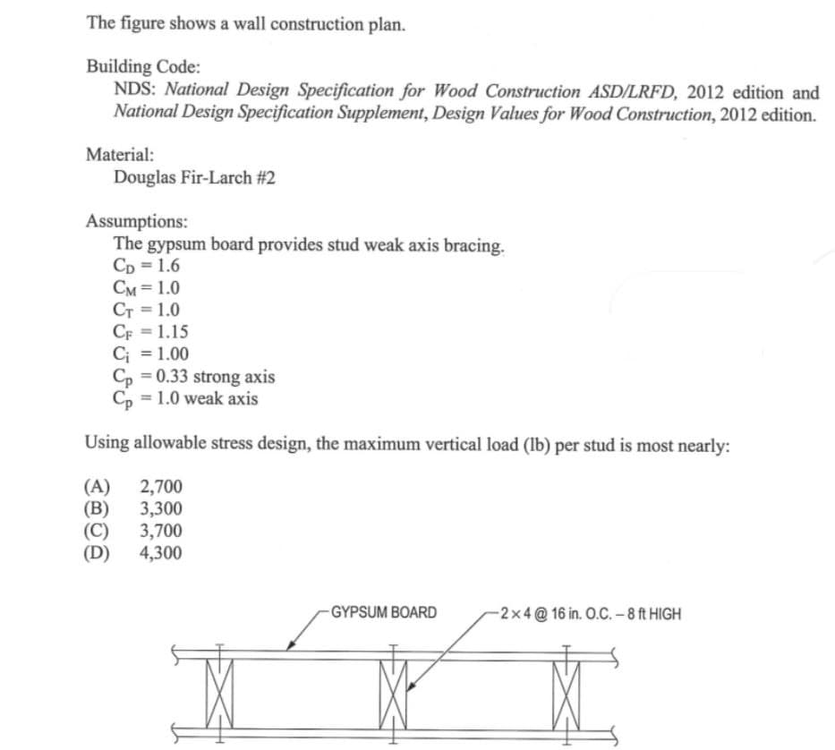 The figure shows a wall construction plan.
Building Code:
NDS: National Design Specification for Wood Construction ASD/LRFD, 2012 edition and
National Design Specification Supplement, Design Values for Wood Construction, 2012 edition.
Material:
Douglas Fir-Larch #2
Assumptions:
The gypsum board provides stud weak axis bracing.
CD = 1.6
CM 1.0
CT = 1.0
CF = 1.15
C₁ = 1.00
Cp = 0.33 strong axis
Cp 1.0 weak axis
=
Using allowable stress design, the maximum vertical load (lb) per stud is most nearly:
(A) 2,700
(B)
3,300
(C) 3,700
(D)
4,300
GYPSUM BOARD
-2x4@16 in. O.C. - 8 ft HIGH
