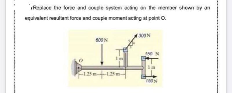 (Replace the force and couple system acting on the member shown by an
equivalent resultant force and couple moment acting at point O.
Ife
300N
600N
150 N
1m
1 m
-125 m-125 m-
150N
