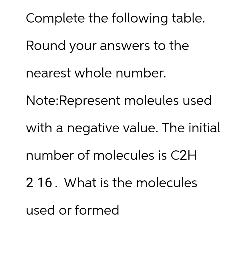 Complete the following table.
Round your answers to the
nearest whole number.
Note: Represent moleules used
with a negative value. The initial
number of molecules is C2H
216. What is the molecules
used or formed