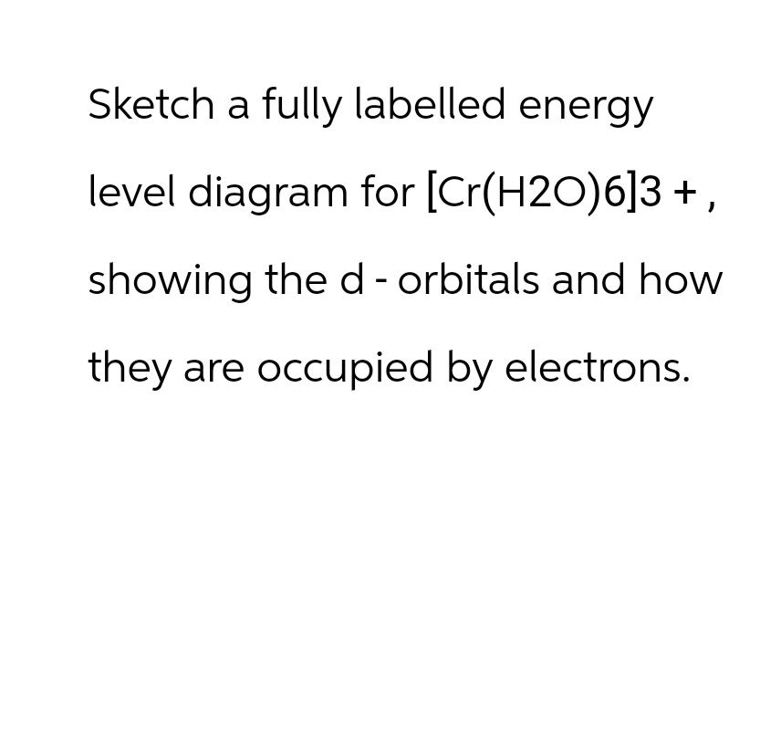 Sketch a fully labelled energy
level diagram for [Cr(H2O)6]3+,
showing the d-orbitals and how
they are occupied by electrons.