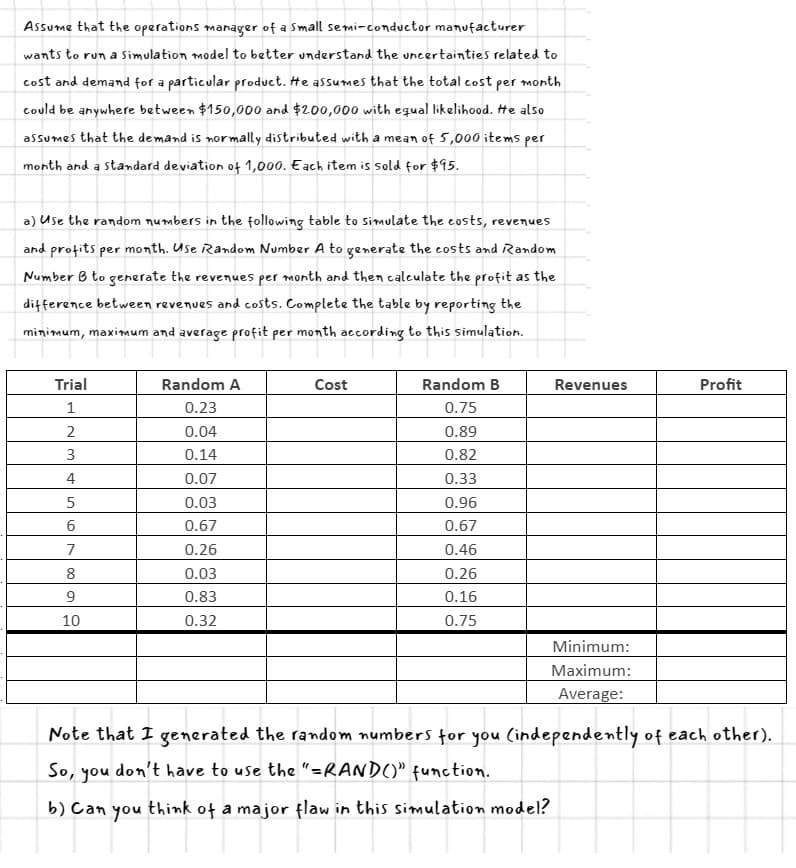 Assume that the operations manager of a small semi-conductor manufacturer
wants to run a Simulation model to better understand the uncertainties related to
cost and demand for a particular product. He assumes that the total cost per month
could be anywhere between $150,000 and $200,000 with equal likelihood. He also
assumes that the demand is normally distributed with a mean of 5,000 items per
month and a standard deviation of 1,000. Each item is sold for $95.
a) Use the random numbers in the following table to simulate the costs, revenues
and profits per month. Use Random Number A to generate the costs and Random
Number B to generate the revenues per month and then calculate the profit as the
difference between revenues and costs. Complete the table by reporting the
minimum, maximum and average profit per month according to this simulation.
Trial
1
2
3
4
5
6
7
8
9
10
you
b) Can
Random A
0.23
you
0.04
0.14
0.07
0.03
0.67
0.26
0.03
0.83
0.32
Cost
Random B
0.75
0.89
0.82
0.33
0.96
0.67
0.46
0.26
0.16
0.75
Revenues
Minimum:
Maximum:
Average:
Note that I generated the random numbers for you (independently of each other).
So,
don't have to use the "=RAND()" function.
think of a major flaw in this simulation model?
Profit