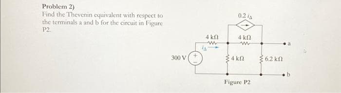 Problem 2)
Find the Thevenin equivalent with respect to
the terminals a and b for the circuit in Figure
P2.
300 V
4 ΚΩ
0.2 A
4 ΚΩ
www
4 ΚΩ
Figure P2
§ 6.2 ΚΩ