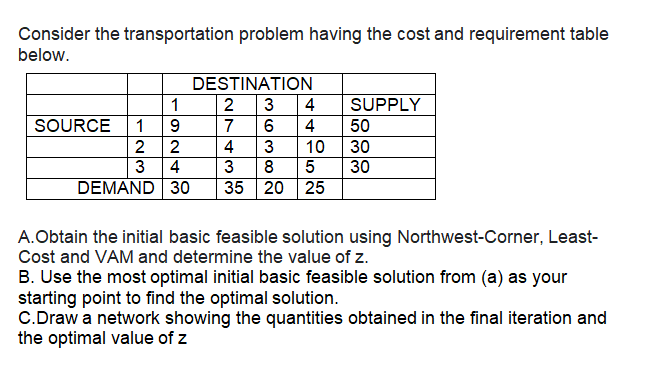 Consider the transportation problem having the cost and requirement table
below.
DESTINΑΤIN
1
2
3
4
SUPPLY
SOURCE
1
7
6
4
50
2
3
DEMAND 30
2
10
5
35 20 25
4
3
30
4
3
8
30
A.Obtain the initial basic feasible solution using Northwest-Corner, Least-
Cost and VAM and determine the value of z.
B. Use the most optimal initial basic feasible solution from (a) as your
starting point to find the optimal solution.
C.Draw a network showing the quantities obtained in the final iteration and
the optimal value of z
