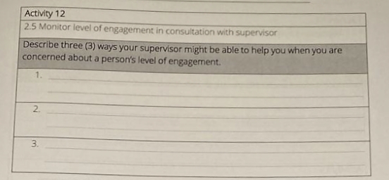 Activity 12
2.5 Monitor level of engagement in consultation with supervisor
Describe three (3) ways your supervisor might be able to help you when you are
concerned about a person's level of engagement.
1.
2.
