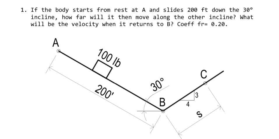 1. If the body starts from rest at A and slides 200 ft down the 30°
incline, how far will it then move along the other incline? What
will be the velocity when it returns to B? Coeff fr= 0.20.
A
100 lb
30°
3
B
200'
4
S