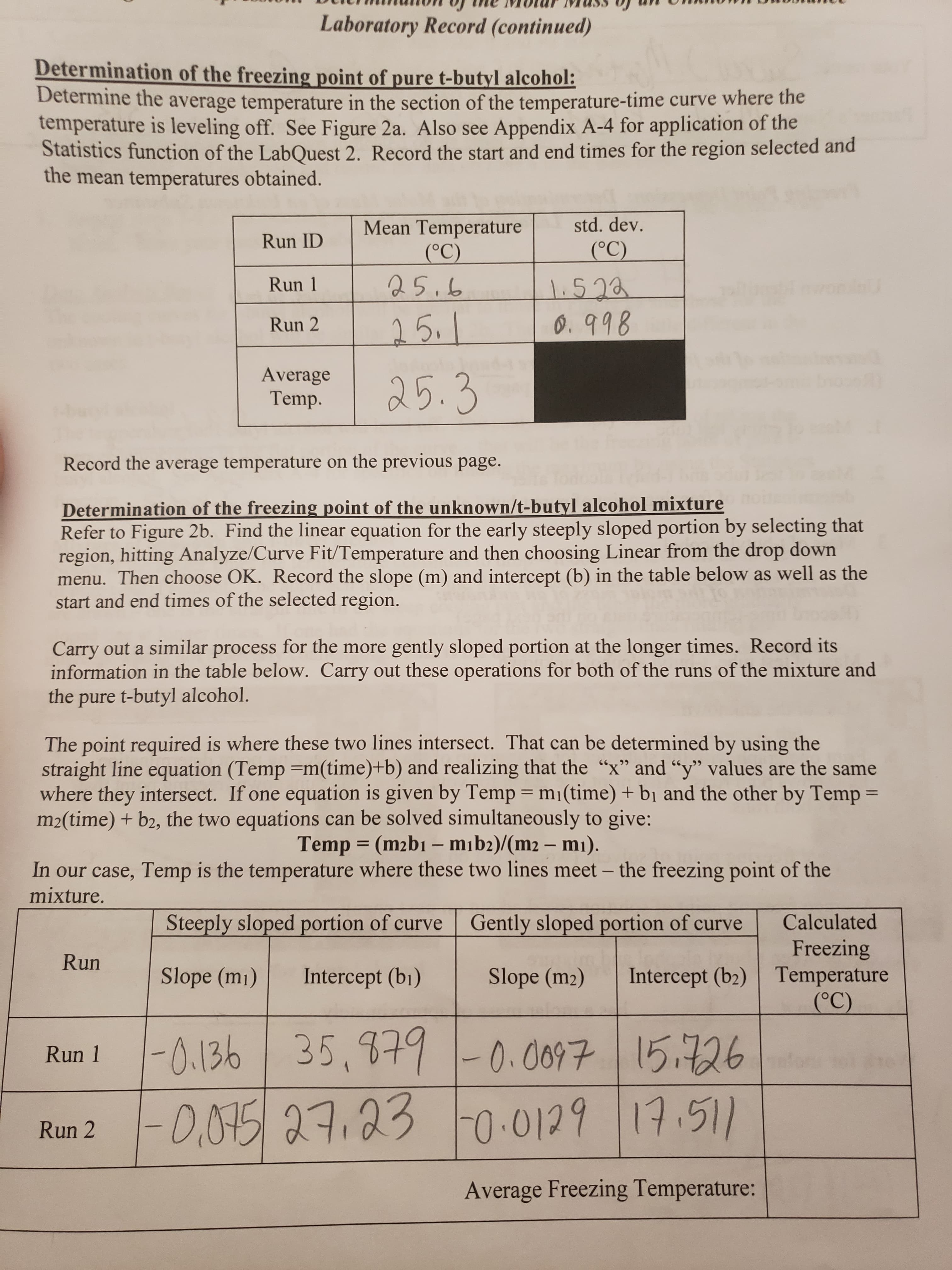 Laboratory Record (continued)
Determination of the freezing point of pure t-butyl alcohol:
Determine the average temperature in the section of the temperature-time curve where the
temperature is leveling off. See Figure 2a. Also see Appendix A-4 for application of the
Statistics function of the LabQuest 2. Record the start and end times for the region selected and
the mean temperatures obtained.
std. dev.
Mean Temperature
(°C)
25.6
Run ID
(°C)
1.522
O.998
Run 1
oni
15.1
Run 2
Average
Temp.
25.3
Record the average temperature on the previous page.
Determination of the freezing point of the unknown/t-butyl alcohol mixture
Refer to Figure 2b. Find the linear equation for the early steeply sloped portion by selecting that
region, hitting Analyze/Curve Fit/Temperature and then choosing Linear from the drop down
menu. Then choose OK. Record the slope (m) and intercept (b) in the table below as well as the
start and end times of the selected region.
Carry out a similar process for the more gently sloped portion at the longer times. Record its
information in the table below. Carry out these operations for both of the runs of the mixture and
the pure t-butyl alcohol.
The point required is where these two lines intersect. That can be determined by using the
straight line equation (Temp =m(time)+b) and realizing that the “x" and "y" values are the same
where they intersect. If one equation is given by Temp = m|(time) + bị and the other by Temp =
m2(time) + b2, the two equations can be solved simultaneously to give:
%3D
Temp = (m2b1 – mīb2)/(m2 – m1).
In our case, Temp is the temperature where these two lines meet – the freezing point of the
mixture.
Gently sloped portion of curve
Steeply sloped portion of curve
Calculated
Freezing
Intercept (b2) Temperature
(°C)
Run
Slope (m1)
Intercept (bi)
Slope (m2)
-0.136 35,879 -0.0097
15.726
Run 1
Run 2 -0,05 2,23 Fo.0129 17.51)
Average Freezing Temperature:
