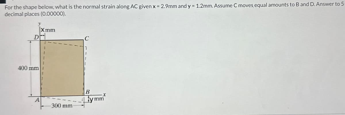 For the shape below, what is the normal strain along AC given x = 2.9mm and y = 1.2mm. Assume C moves equal amounts to B and D. Answer to 5
decimal places (0.00000).
Di
400 mm
Xmm
A
300 mm
B
X
ymm