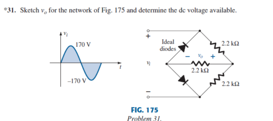 *31. Sketch v, for the network of Fig. 175 and determine the de voltage available.
170 V
Ideal
2.2 k2
diodes
Vo
2.2 k2
-170 V
2.2 k2
FIG. 175
Problem 31,
