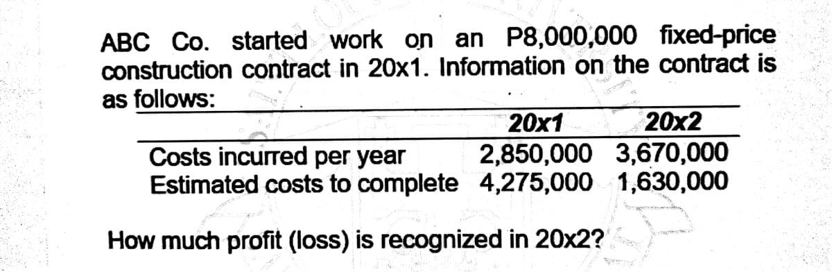 P
ABC Co. started work on an P8,000,000 fixed-price
construction contract in 20x1. Information on the contract is
as follows:
20x1
20x2
Costs incurred per year
2,850,000 3,670,000
Estimated costs to complete 4,275,000 1,630,000
How much profit (loss) is recognized in 20x2?