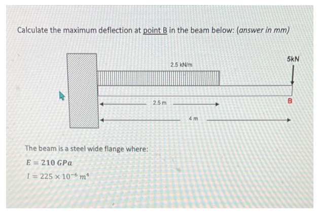 Calculate the maximum deflection at point B in the beam below: (answer in mm)
The beam is a steel wide flange where:
E = 210 GPa
I = 225 x 10-6 mª
2.5m
2.5 kN/m
4 m
5kN
B