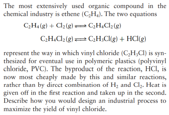 The most extensively used organic compound in the
chemical industry is ethene (C,H4). The two equations
C2H4(g) + Cl2 (g) 2CH¾C1½(g)
C2H4CI2 (g)=C2H;Cl(g) + HCl(g)
represent the way in which vinyl chloride (C,H;CI) is syn-
thesized for eventual use in polymeric plastics (polyvinyl
chloride, PVC). The byproduct of the reaction, HCI, is
now most cheaply made by this and similar reactions,
rathcr than by dircct combination of H, and Cl2. Hcat is
given off in the first reaction and taken up in the second.
Describe how you would design an industrial process to
maximize the yield of vinyl chloride.
