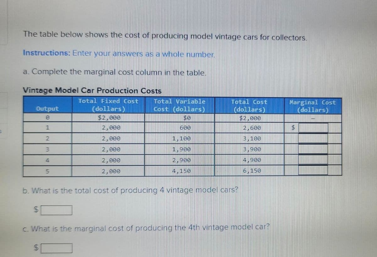 The table below shows the cost of producing model vintage cars for collectors.
Instructions: Enter your answers as a whole number.
a. Complete the marginal cost column in the table.
Vintage Model Car Production Costs
Total Fixed Cost
Total Variable
Cost (dollars)
Total Cost
(dollars)
$2,000
(dollars)
$2,000
Marginal Cost
(dollars)
Output
$0
1
2,000
600
2,600
2,000
1,100
3,100
2,000
1,900
3,900
4
2,000
2,900
4,900
5.
2,000
4,150
6,150
b. What is the total cost of producing 4 vintage model cars?
2.
c. What is the marginal cost of producing the 4th vintage model car?
2.
