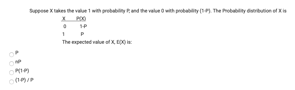 Suppose X takes the value 1 with probability P, and the value 0 with probability (1-P). The Probability distribution of X is
P(X)
1-P
1
P
The expected value of X, E(X) is:
