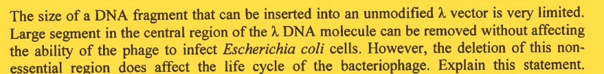 The size of a DNA fragment that can be inserted into an unmodified λ vector is very limited.
Large segment in the central region of the λ DNA molecule can be removed without affecting
the ability of the phage to infect Escherichia coli cells. However, the deletion of this non-
essential region does affect the life cycle of the bacteriophage. Explain this statement.