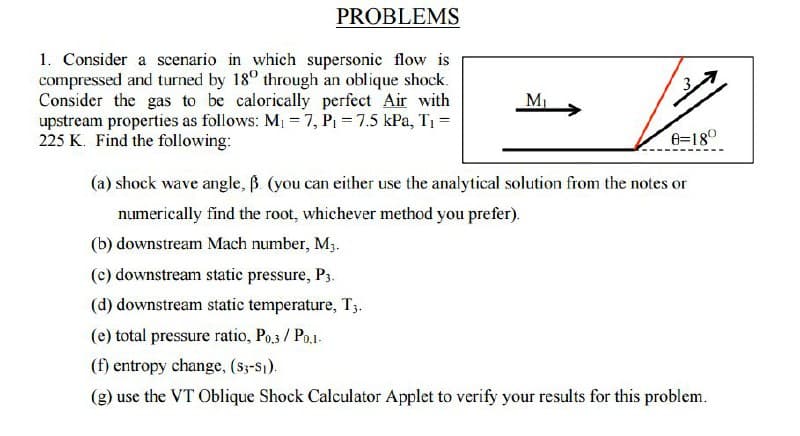 PROBLEMS
1. Consider a scenario in which supersonic flow is
compressed and turned by 18° through an oblique shock.
Consider the gas to be calorically perfect Air with
upstream properties as follows: M, = 7, P, = 7.5 kPa, T1 =
225 K. Find the following:
MI
6=180
(a) shock wave angle, ß. (you can either use the analytical solution from the notes or
numerically find the root, whichever method you prefer).
(b) downstream Mach number, M3.
(c) downstream static pressure, P3.
(d) downstream static temperature, T3.
(e) total pressure ratio, Po.3 / Po,1-
(f) entropy change, (s3-S).
(g) use the VT Oblique Shock Calculator Applet to verify your results for this problem.
