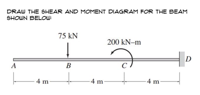 DRAW THE SHEAR AND MOMENT DIAGRAM FOR THE BEAM
SHOWN BELOW:
A
|--
4 m-
75 kN
B
+
-4 m
200 kN-m
4 m-
D