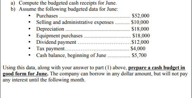 a) Compute the budgeted cash receipts for June.
b) Assume the following budgeted data for June:
$52,000
$10,000
$18,000
$18,000
.$12,000
$4,000
$5,700
Purchases .
Selling and administrative expenses .
• Depreciation .
Equipment purchases
• Dividend payment
• Tax payment..
• Cash balance, beginning of June
Using this data, along with your answer to part (1) above, prepare a cash budget in
good form for June. The company can borrow in any dollar amount, but will not pay
any interest until the following month.
