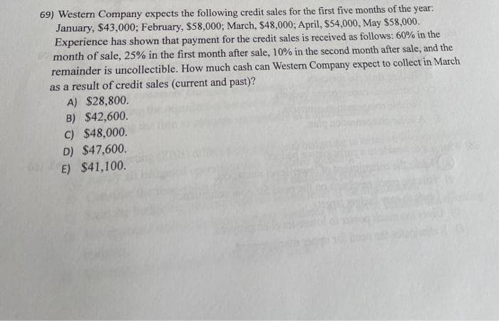 69) Western Company expects the following credit sales for the first five months of the year:
January, $43,000; February, $58,000; March, $48,000; April, $54,000, May $58,000.
Experience has shown that payment for the credit sales is received as follows: 60% in the
month of sale, 25% in the first month after sale, 10% in the second month after sale, and the
remainder is uncollectible. How much cash can Western Company expect to collect in March
as a result of credit sales (current and past)?
A) $28,800.
B) $42,600.
C) $48,000.
D) $47,600.
E) $41,100.